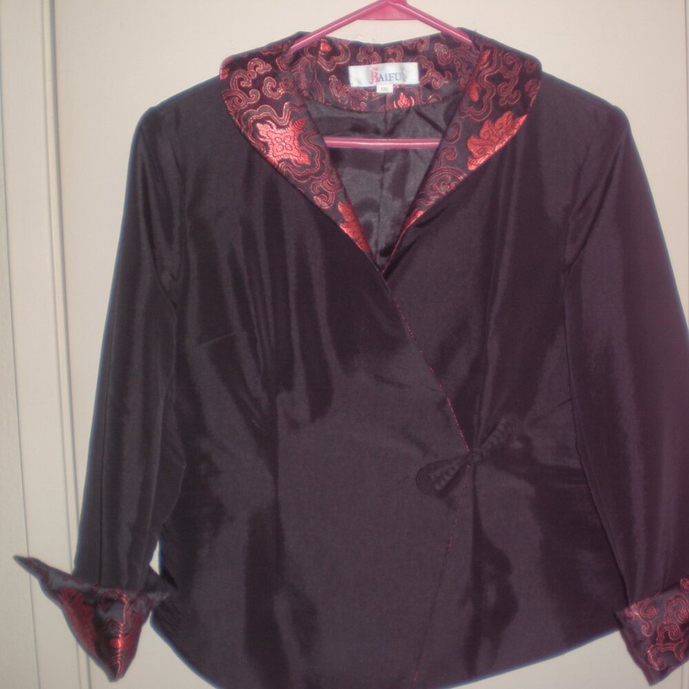 Women's Baifu Black Oriental Print Jacket Size XXL